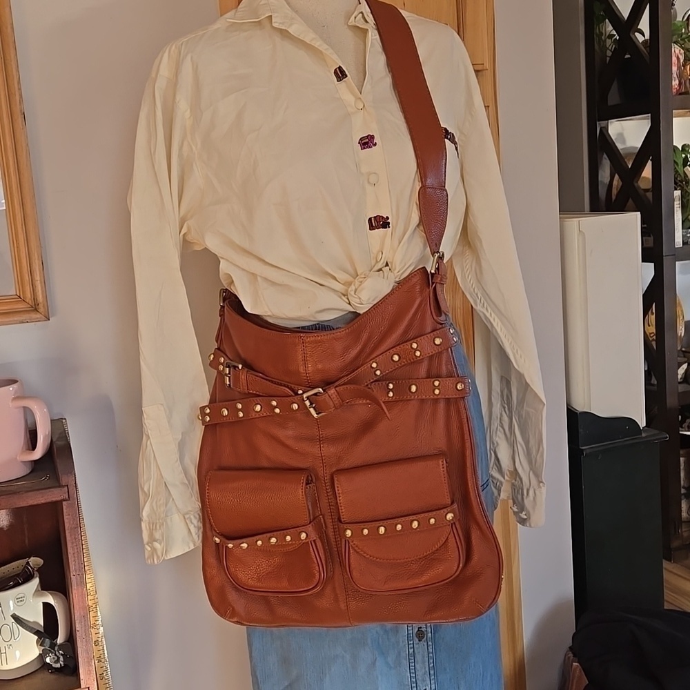 Leather Bucket Hobo Crossbody Chocolat Blu Brand Pebble Leather Gold Stud Detail
